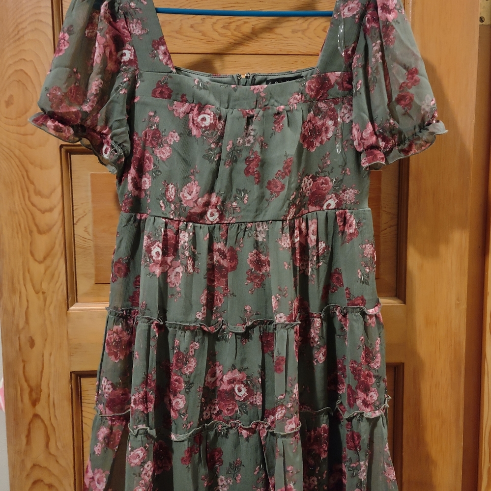 Green and pink floral mini dress